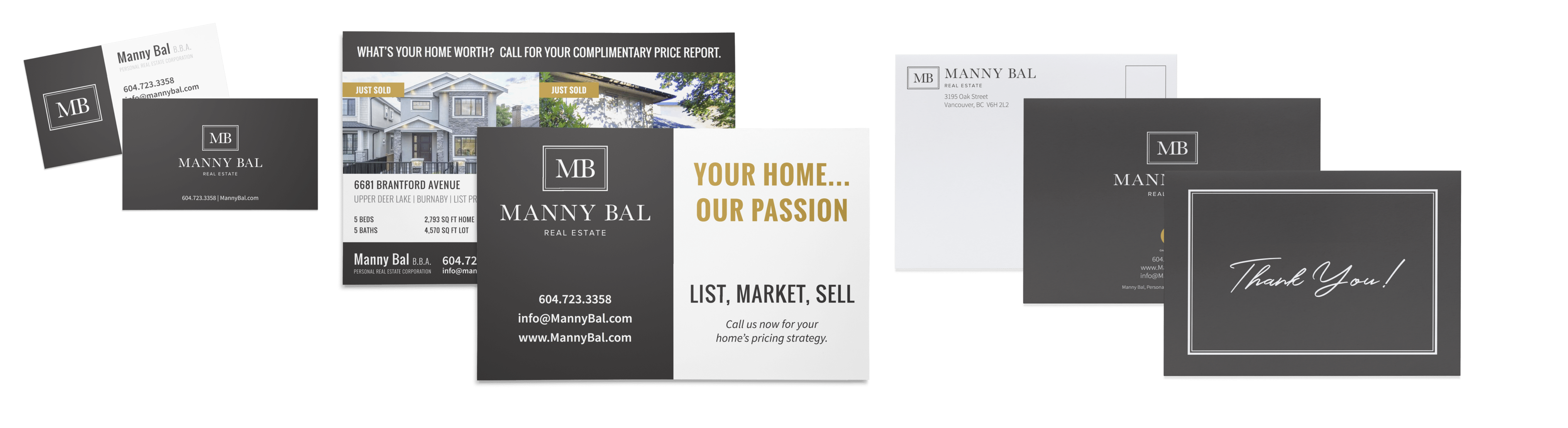 Mockup of Manny Bal's stationery including business cards, mailers and thank you cards