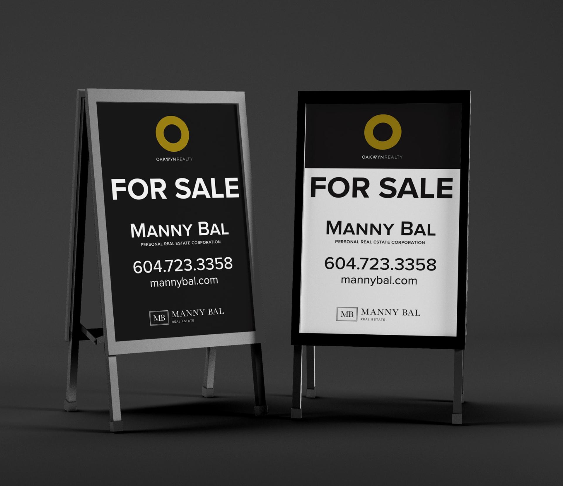 Mockup of Manny Bal's For Sale signs in a foldable sandwich board