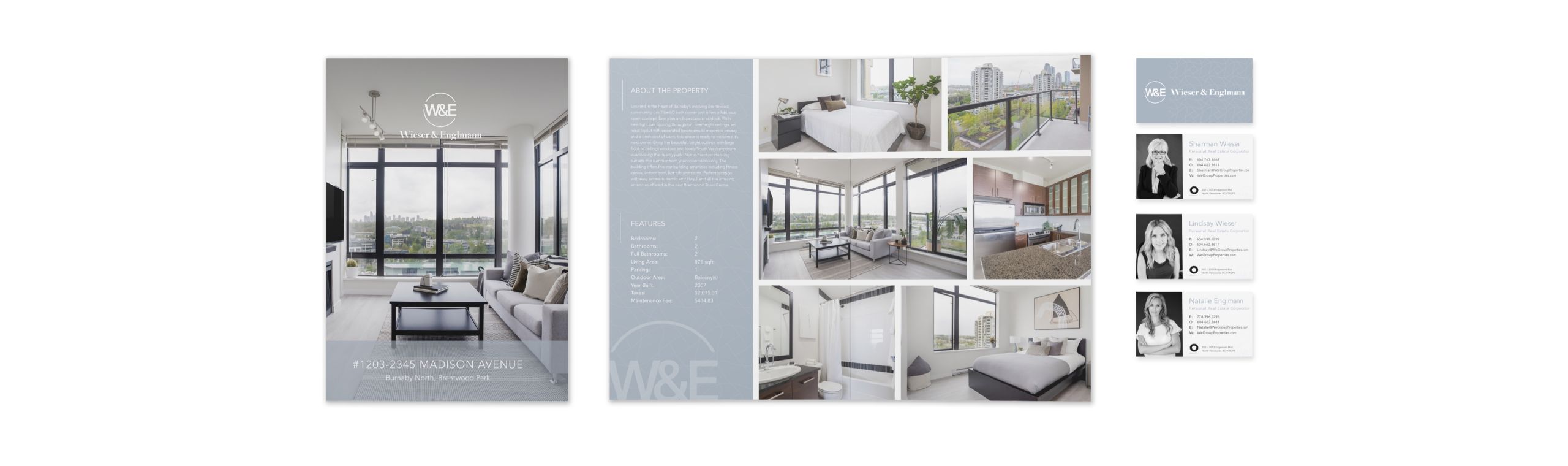 Custom print media layout for both property listing and business cards, created exclusively for WE Group.