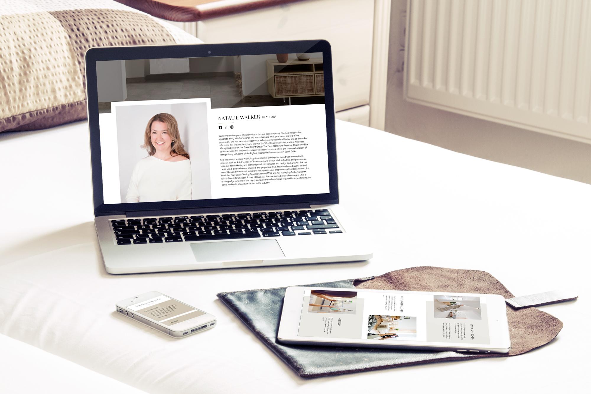 Mockup of Natalie Walker's website with focus on the about agent page in 3 sizes