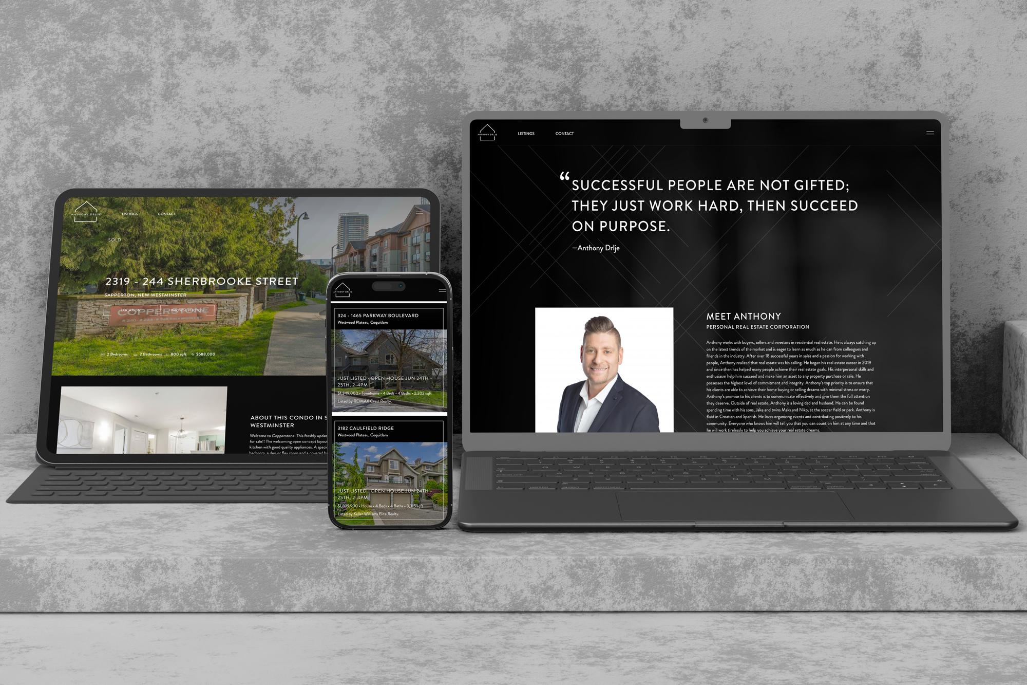 Mockup of Anthony Drlje's custom Realtor® website showing a custom agent and listing page