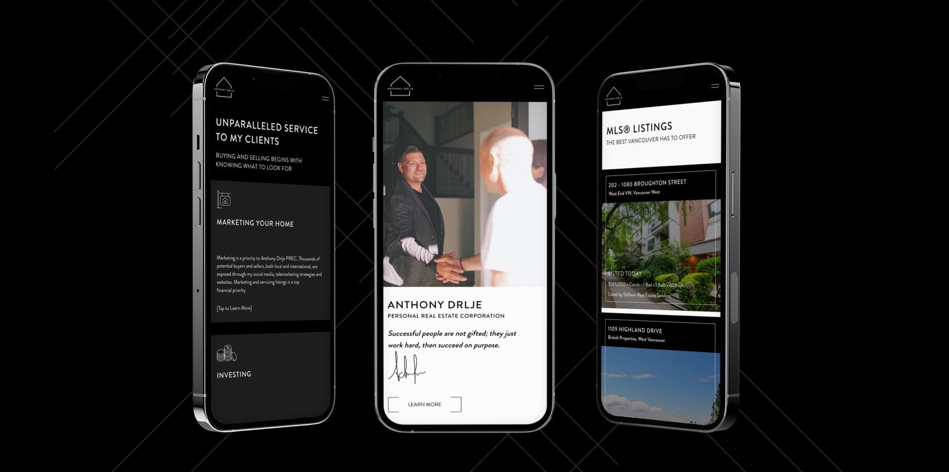 Three mobile phone mockups of Anthony Drjle's website