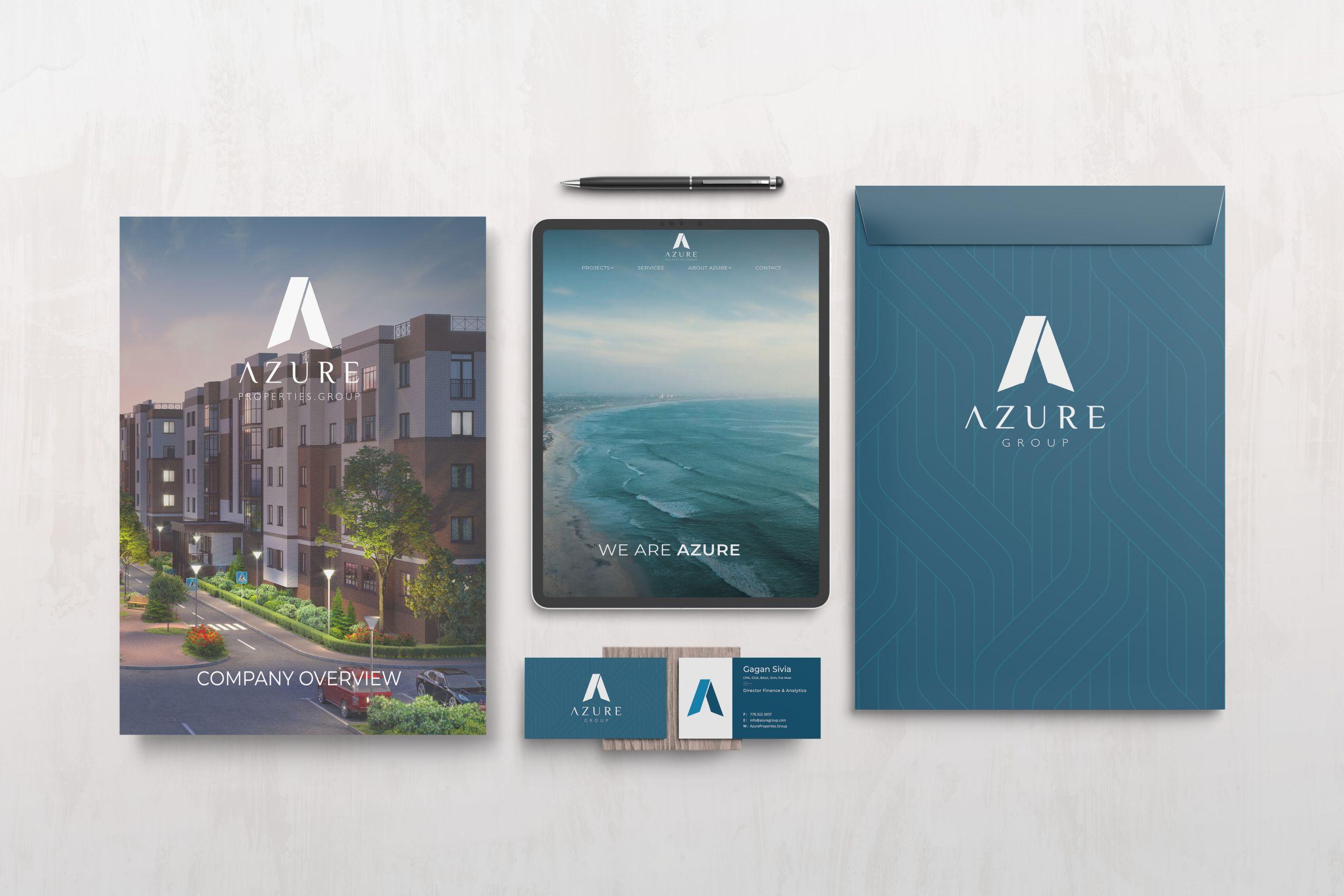 Branding mockups for Azure Properties Group on various stationery and website displayed on tablet.