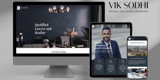 Mockups of Vik Sodhi's website and responsive design on multiple device screens.