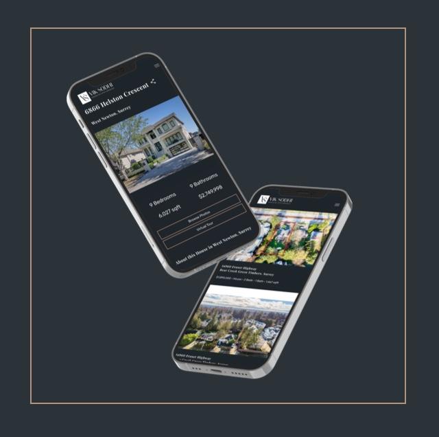 Mockup of Vik Sodhi's website of property listings displayed on two mobile phones.