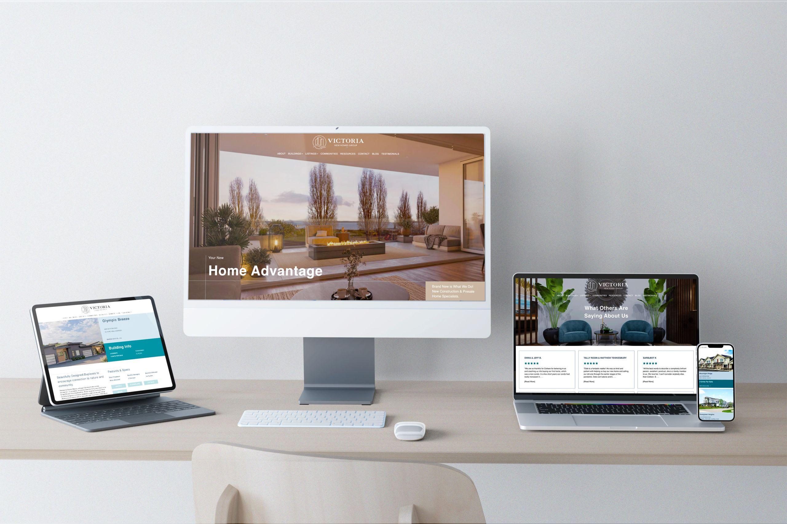 Mockups of Victoria New Homes Group's website and responsive design on multiple device screens.