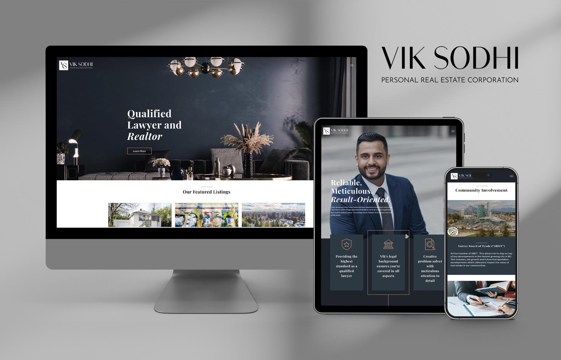 Mockups of Vik Sodhi's website and responsive design on multiple device screens.
