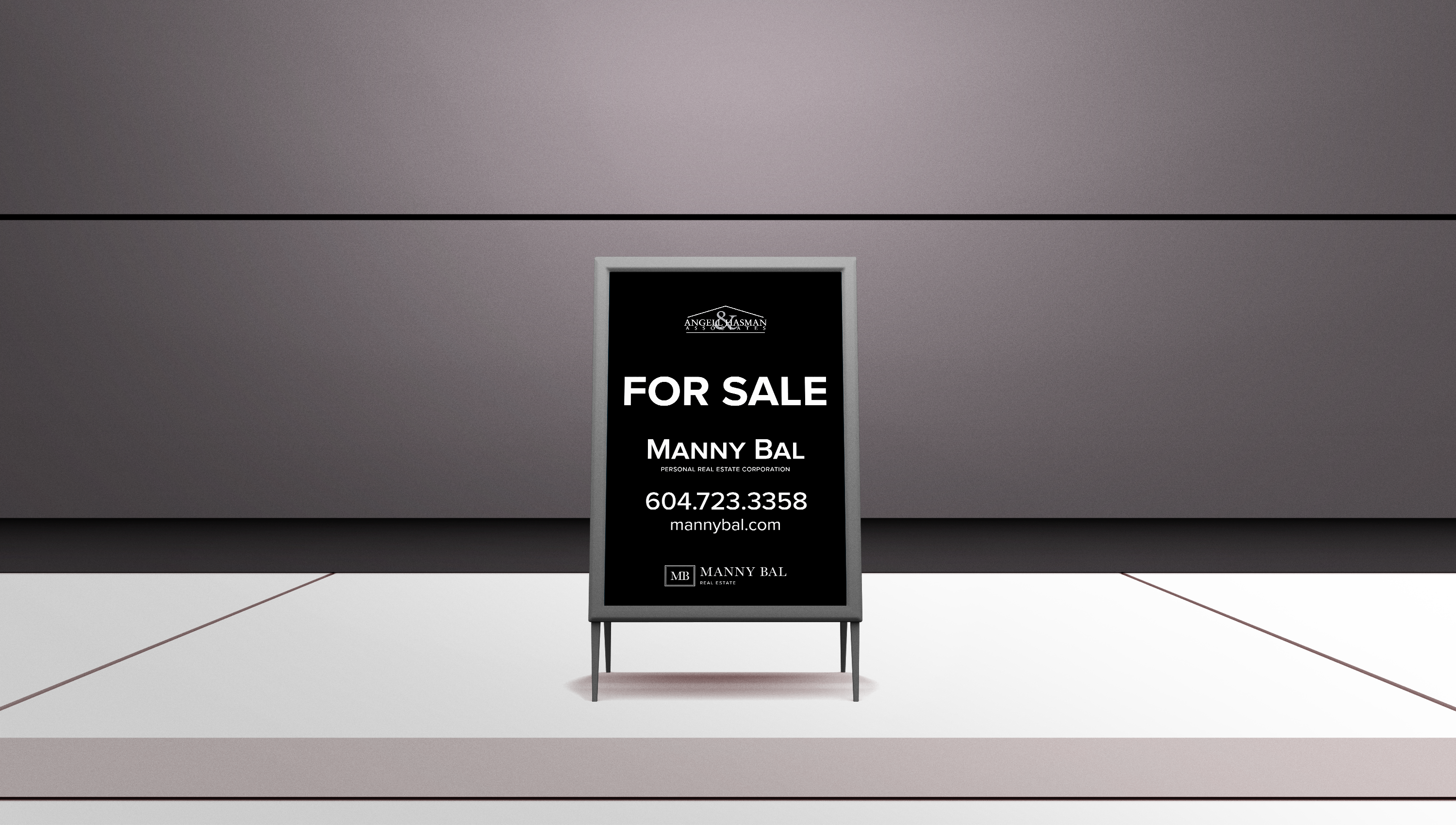 Mockup of Manny Bal's For Sale signs in a foldable sandwich board